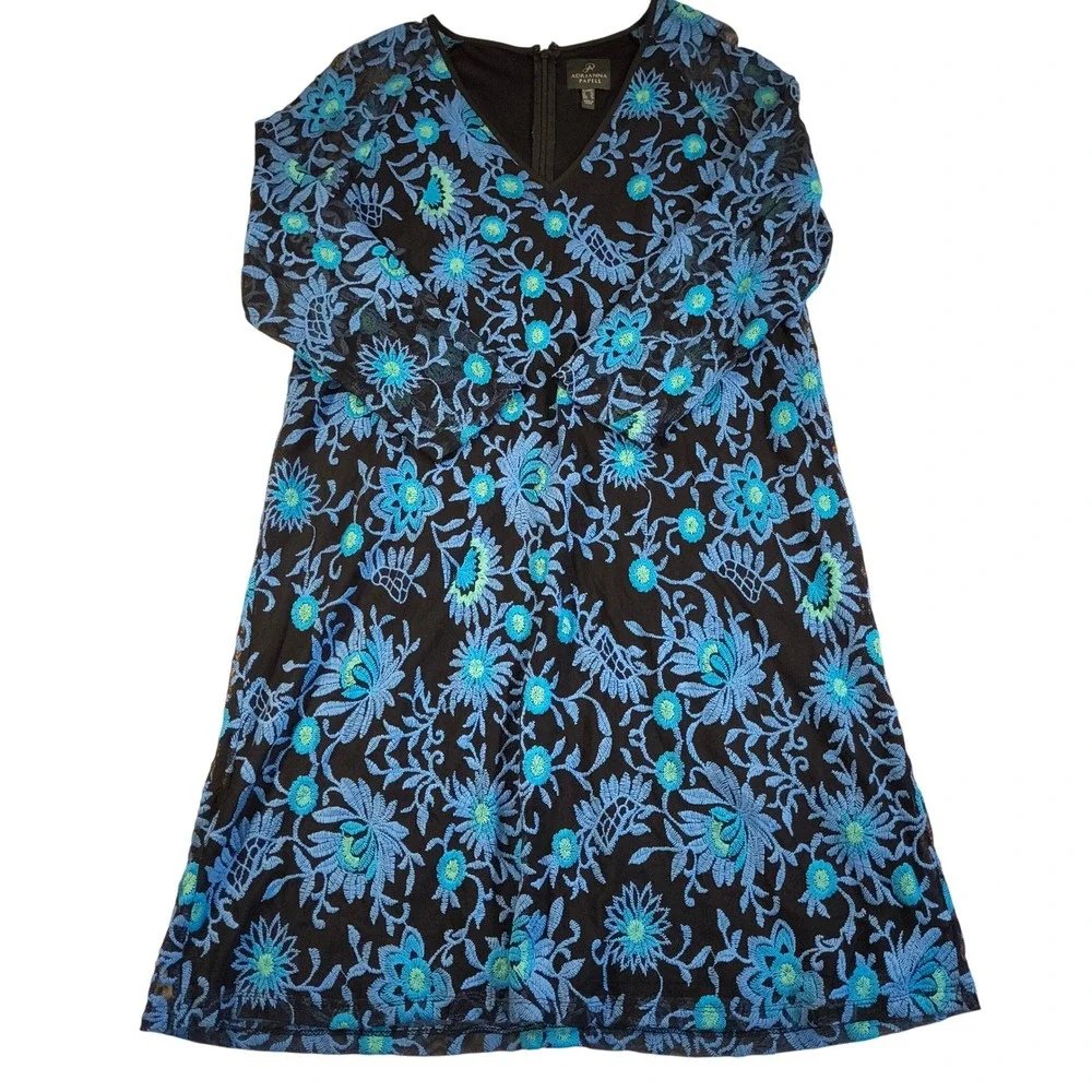 Adrianna Papell Black Blue Embroidered Floral Cocktail Party Dress Size 12 - Picture 1 of 11